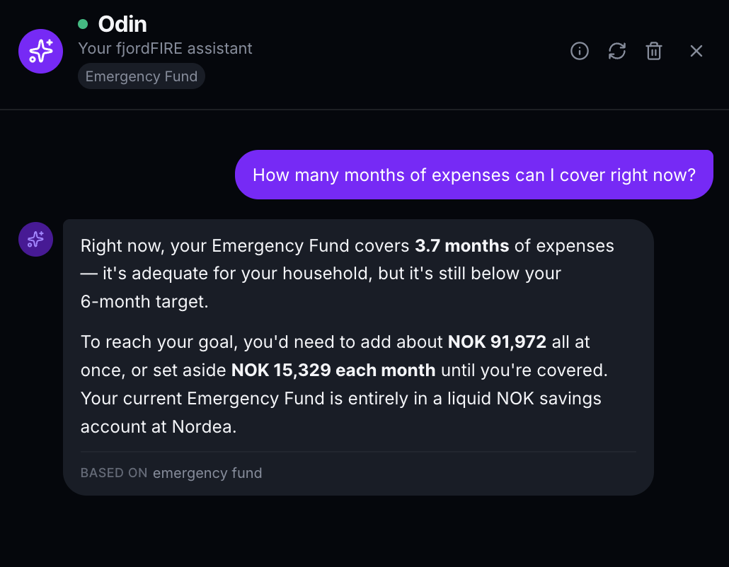 The Odin assistant in fjordFIRE answering a question grounded in real data: asked how many months the emergency fund covers, it replies 3.7 months, below the 6-month target but adequate, and suggests redirecting contributions.