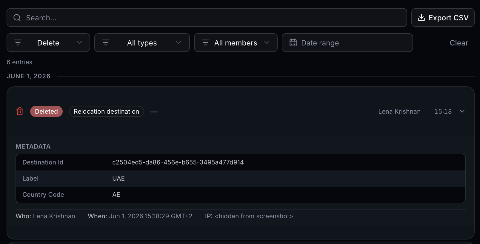 Audit log viewer in fjordFIRE: a deletion entry showing Lena deleted a relocation destination on June 1, 2026 at 15:18 GMT+2, with the full metadata (Destination Id, Label, Country Code) and IP recorded. Search, filter, date range, and CSV export controls visible above.